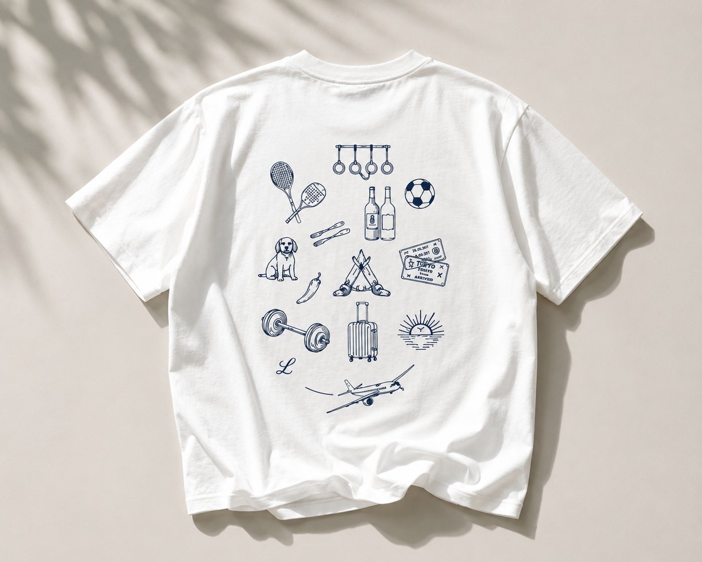 Wit premium shirt met twaalf handgetekende blauwe inkt-icoontjes: van padelracket en hond tot koffer en vliegtuig